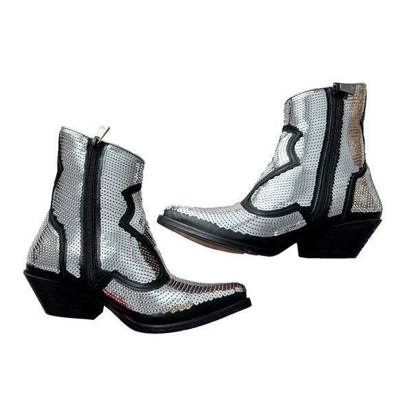 Emporio Armani Calfskin Leather Sequin Cowboy Booties Silver ( 35 ) - Picture 2 of 9
